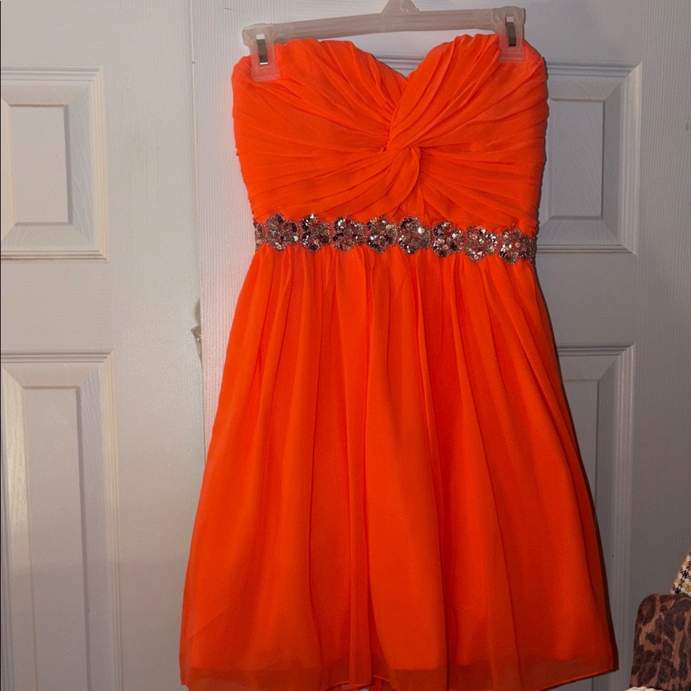 Vibrant Coral Strapless Dress with Silver Embellishments